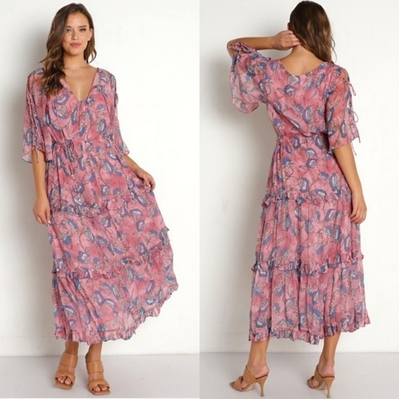 New Cleobella Elena Ankle Barbie Pink Lotus Print Maxi Dress NWT Small - Picture 3 of 13